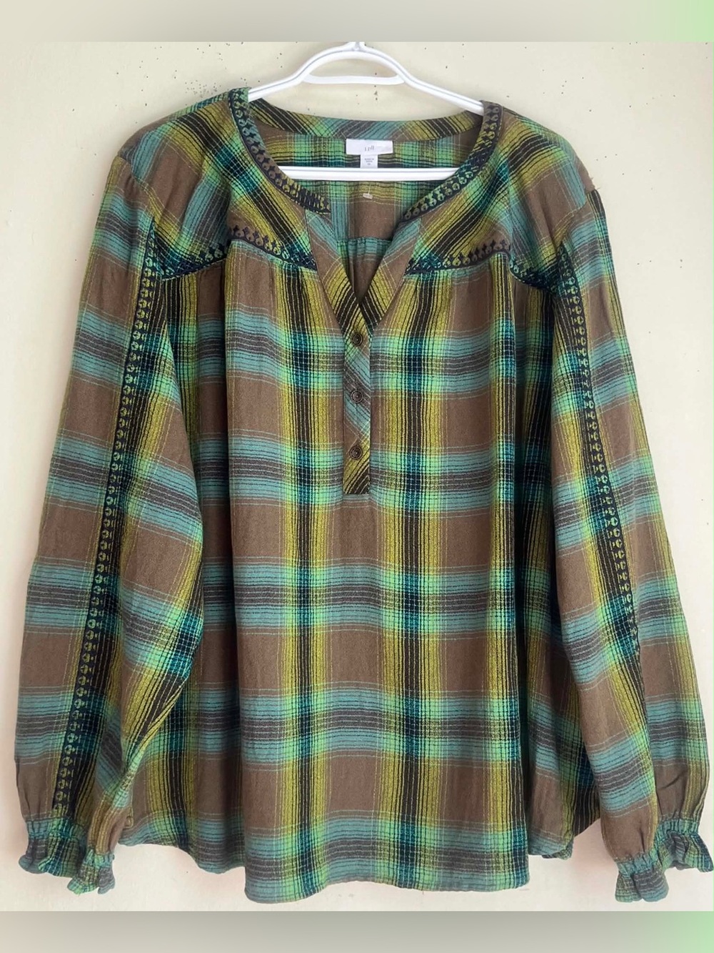 J. Jill Plaid Peasant Blouse in Brown, Turquoise, Yellow